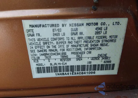 2004 Nissan Maxima 3.5 Se from USA, damaged, VIN 1N4BA41EX4C841096